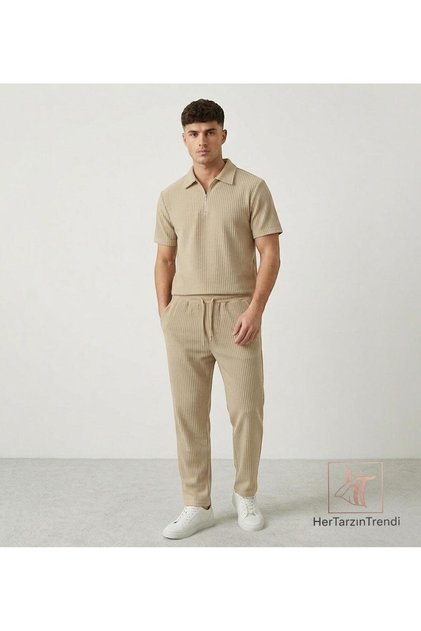 Ottoman Half Zipper Polo Collar T-Shirt and Baggy Sweatpants - %100 Cotton Summer 2-Piece Casual Set