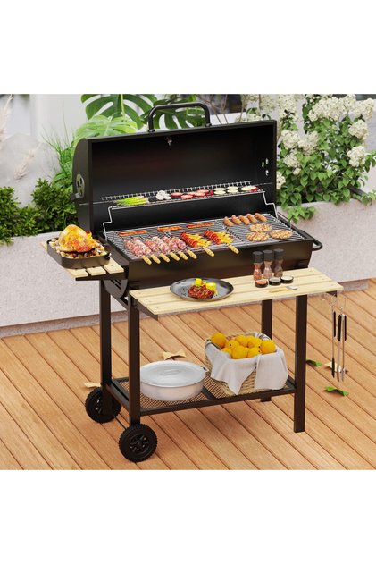 Gratar exterior carbune ZLN3594, tip butoi, capac, masa laterala, raft lateral, tava cenusa detasabila, termometru, otel cromat