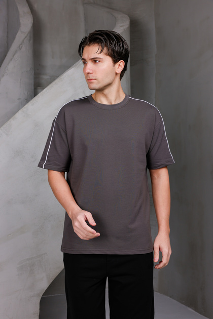 Men's Striped Oversized Crew Neck 2 Two Thread Ko Compact -Shirt