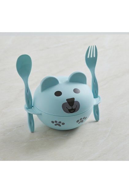 Pp Baby Food Bowl Spoon Fork Set 258 ml Unbreakable Durable 10.9X15.6X13 cm Cute Teddy Bear