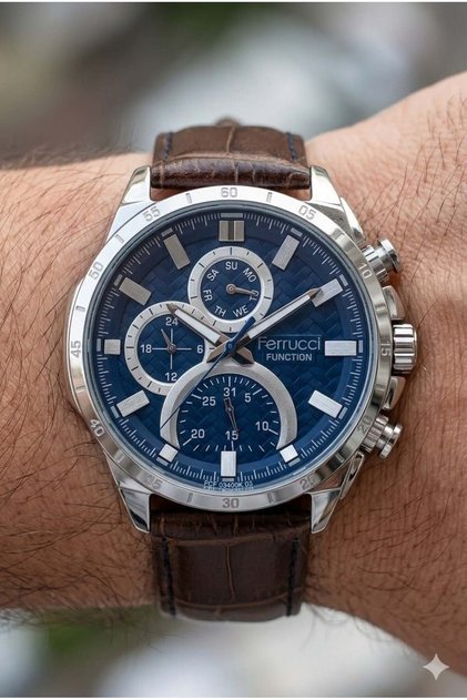 Sports and Modern Kasa Men's Wristwatch | 45 mm Steel Case, Brown Leather Strap, Dark Blue