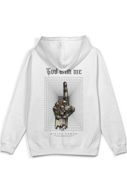 God with Me Sırt Printed Hooded Yarı Oversized Sweatshirt White Hoodie 1395