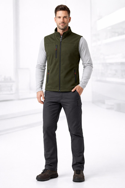 Men's Softshell Vest – Dark Khaki Water-Resistant Zippered Pocket Pack Outdoor & Work Vest
