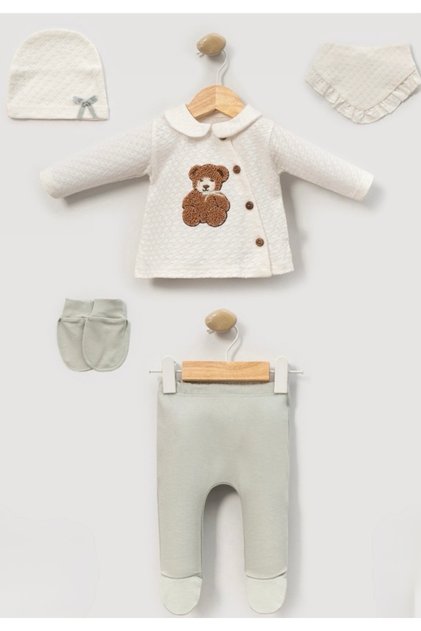Süzine Ayıcık Jacquard Newborn Baby Girl 5-Piece Hospital Discharge Bodysuit Set Baby Outfit