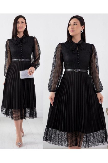 Lace Sleeves and Belt Skirts Pleated Dress