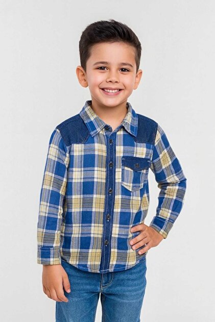 Boys’ Checkered Multi-Color Long Sleeve Shirt Plaid Contrast Shoulders | Sizes 2-12Years | MH