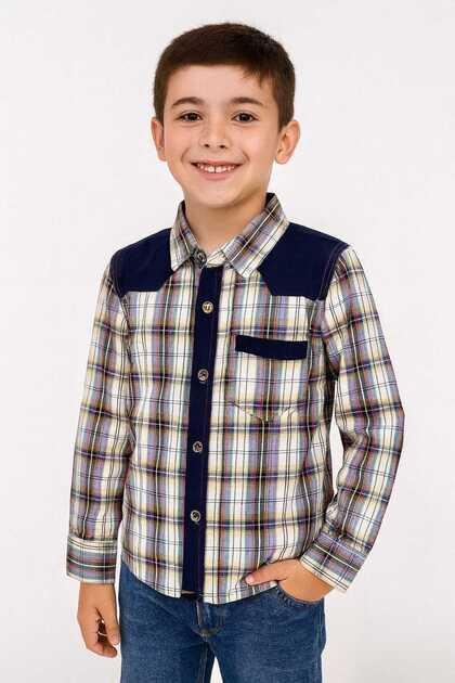 Boys’ Checkered Multi-Color Long Sleeve Shirt Plaid Contrast Shoulders | Sizes 2-12Years | MH
