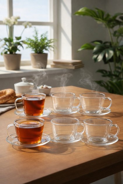 6'lı Cam Çay Fincan Seti - Kulplu Tabaklı Isıya Dayanıklı Şeffaf Kahve Çay Bardak Seti