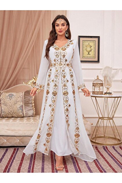 Madam Uniq Women's long sleeved fake two-piece beaded robe dress- Trendyol Madam Uniq Women's long sleeved fake two-piece beaded robe dress- Trendyol