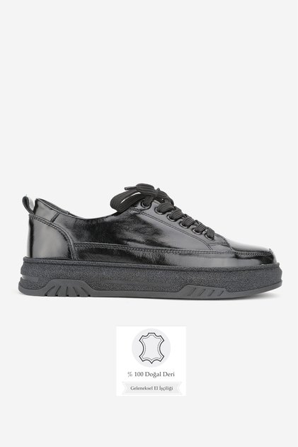 Women's Black Patent Leather Genuine Natural Leather Leather -41 Size Lace-Up Snea Sneakers Kkabi