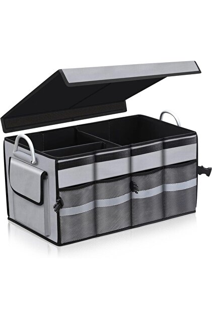 Collapsible Trunk Organizer with Reinforced Handles,Reflective Strip,3 Compartments,Non Slip Bottom