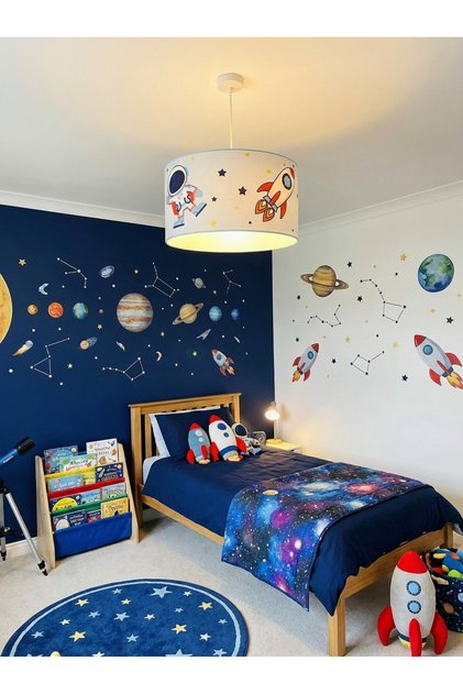 Uzay Temalı Çocuk Odası Avize – Astronot ve Roket Desenli Sarkıt Tavan Lambası (Mavi Renk)