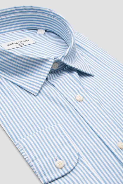 BB Club Rio Oxford Stretch Pamuk Karışımlı Oversize Fit Mavi Klasik Yaka Erkek Çizgili Gömlek