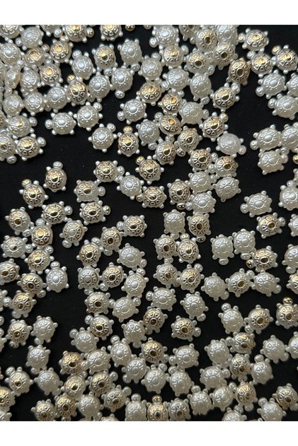 50 Adet 12x9 mm Beyaz Üzeri Altın Gold Kaplumbağa (Caretta Caretta) Boncuk
