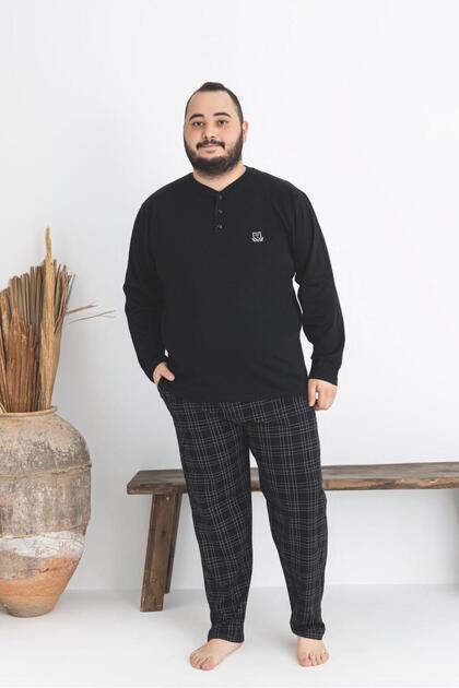 Men's Battal Combed Cotton Surpem Half Button Black Gray Plaid Pattern Long Sleeve Pajama Set