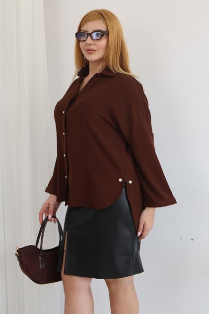 Plus Size Ayrobin Fabric Shirt with Pearl Brooches on the Sides