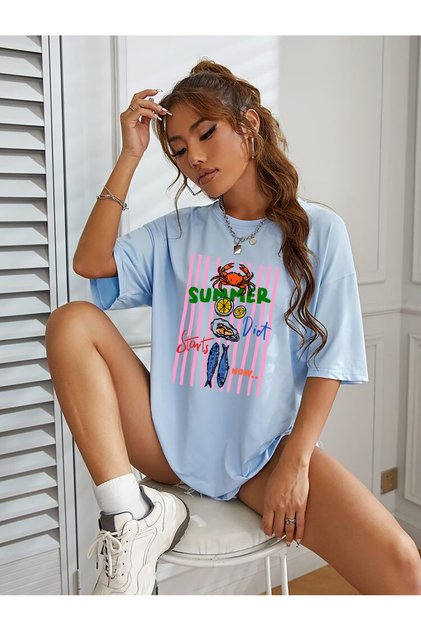 Trend Pinterest Mix Printed Oversized Crew Neck Short Sleeve Tshirt