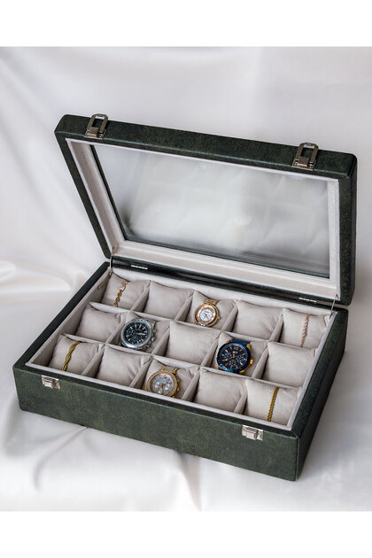 Handmade 15-Piece Premium Watch Box, Nubuck Fabric Covered, Special Design with Glass, Accessory Organizer