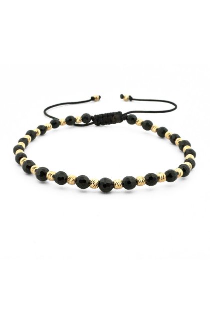 Brățară din onix fațetat negru de 4 mm cu mărgele de argint placate cu aur de 18K – reglabilă unisex