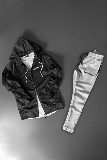 Brooklyn Printed Scuba Zippered Black Gray Tracksuit Set (a Quality)