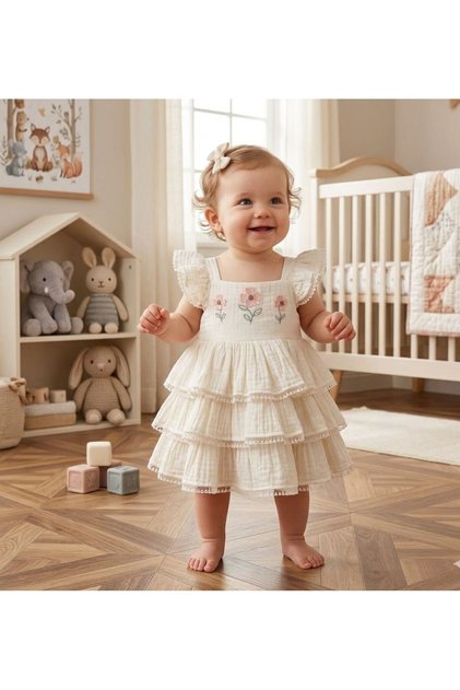 Baby Girl 100% Cotton Muslin Floral Embroidered Summer Dress White