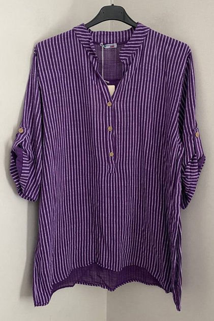 Women's Italian Purple Three-Button Collar with Placket Striped 3/4 Sleeves Loose 100% Cotton Blouse Tunic