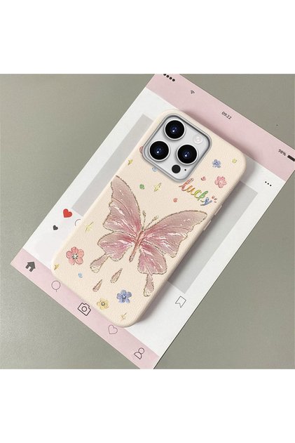 iPhone 15 Pro Compatible Beautiful Butterfly Patterned Leather Textured Phone Case