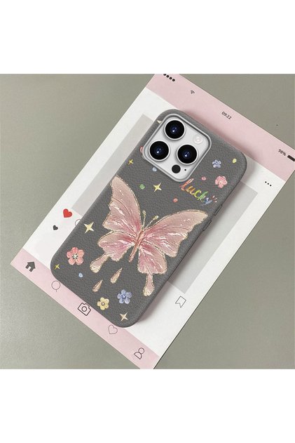iPhone 14 Pro Compatible Beautiful Butterfly Patterned Leather Textured Phone Case