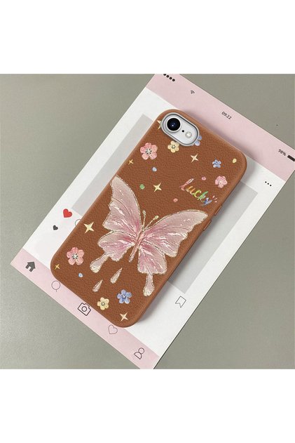 iPhone 7/8/Se 2020 2022 Compatible Beautiful Butterfly Patterned Leather Textured Phone Case