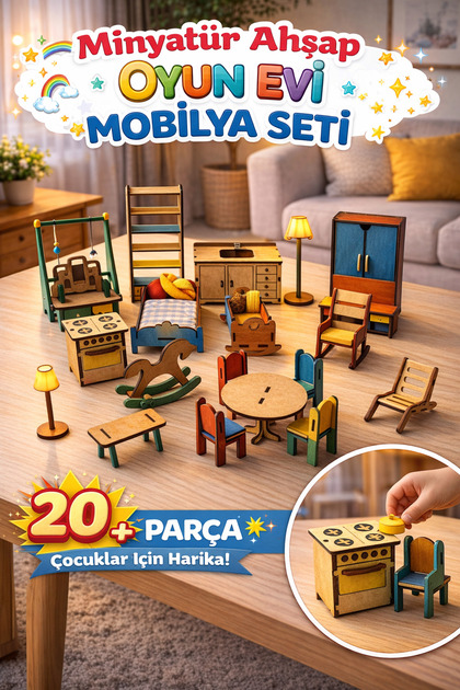 metafortoys 20 Parça Ahşap Boyanabilir Mini Ev Mobilyaları Seti