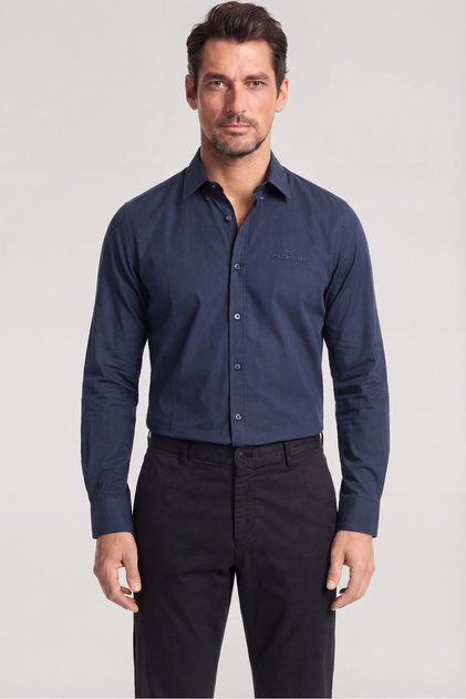 Men's Slim Fit Logo Embroidered Detailed Cotton Long Sleeve Navy Blue Shirt