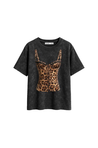 Leo Top Printed Relaxed Fit Washed Black Women's Tshirt
