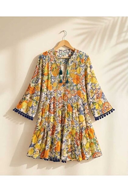 Bohemian Style Floral Mini Dress - Embroidered and P Tasseled Tunic