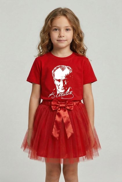 Girl's Red Short Sleeve Ataturk T-Shirt Red Tutu Skirt April 23 October 29