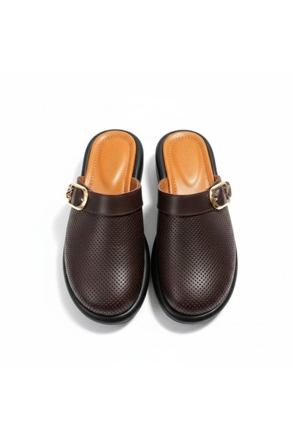 Brown Genuine Leather Needle Zamba Detailed t Buckled Women's Sabo Slippers