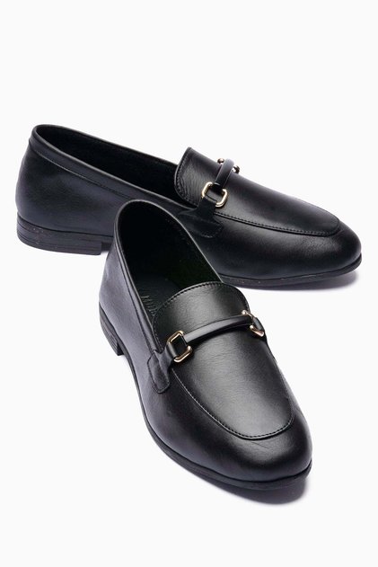 Women's Genuine Leather Ballet Flats Metal Accessory Detail Loafers Nalora Black