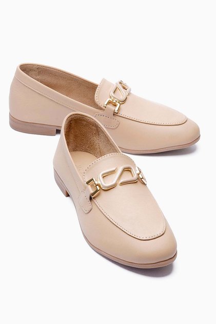 Women's Genuine Leather Ballet Flats Metal Accessory Detail Loafers Sorina Nude
