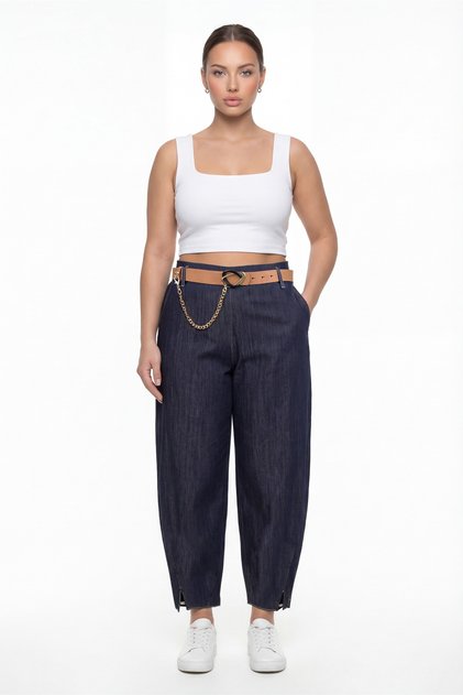 Kadın Lacivert Yazlık Kemerli Aksesuarlı Paça Detaylı Denim Pantolon