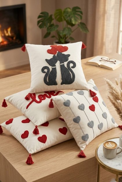 Set of 4 Tasseled Punch Embroidered Cushion Covers (42X42 cm) Red-Cream