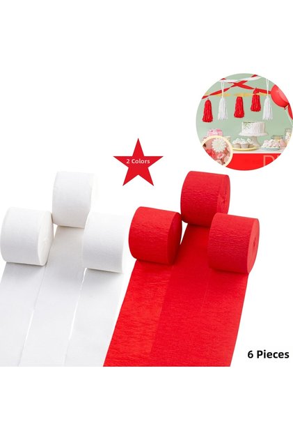 Red and White Crapone Paper Set - 6 Pieces, Flower Making, Party, Handicraft Decoration Paper, 4.5 cm X 22 Meters