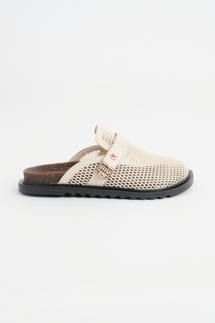 Women's Beige Mesh Detailed Buckled Daily Mule Slipper Orthopedic Sole Lightweight Summer Style