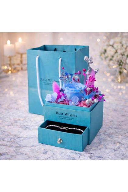 Cutiuta cu flori criogenate, sertar pentru accesorii, brățară, si punga eleganta, Albastru deschis