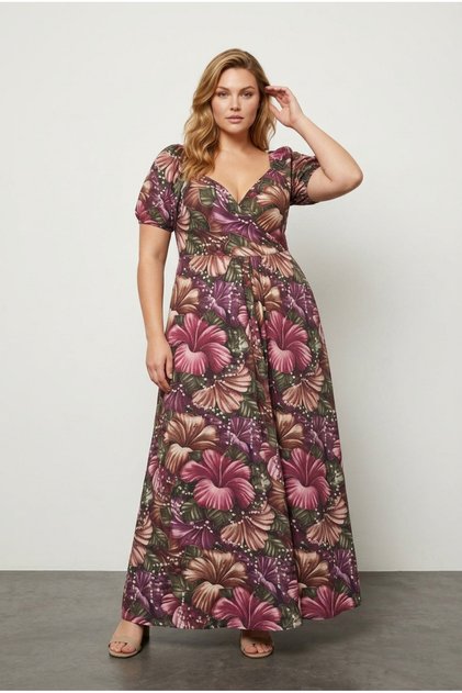 Plus Size Short-Sleeve Princess Collar Floral Print Stretch Fabric Viscose Dress 74-80