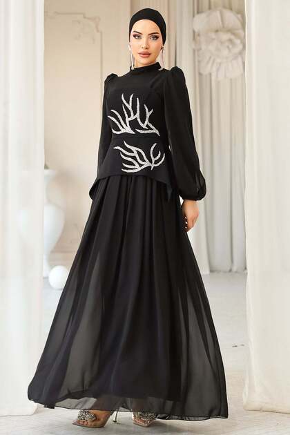 Rochie de seară tesettür cu combinație de crep și șifon, cu model de piatră pe față, NEGRU 1689