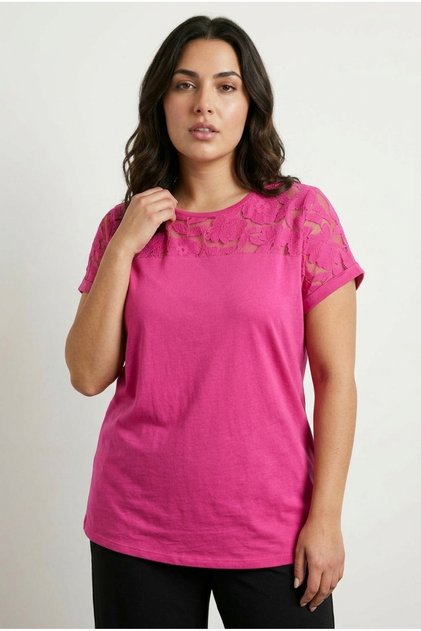 Plus Size Crew Neck Detailed Short Sleeve Cotton Tulle T-Shirt 321835
