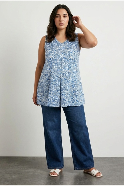 Plus Size V-Neck Front Pleated Sleeveless Floral Pattern Lycra T-Shirt 322684