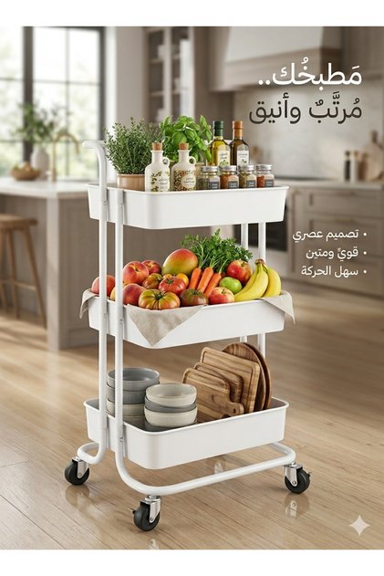 عربة مطبخ فاخرة بثلاث طبقات مع عجلات، منظم أنيق للفواكه والخضروات ورف تخزين