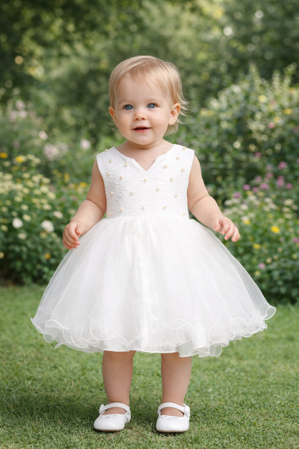 Mika Bebek & ocuk White Color Pearl Embroidered Puffy Wedding Dress Dress-  Trendyol