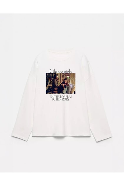%100 Pamuk Oversize Fit Gilmore Girls Baskılı - Bisiklet Yaka Uzun Kollu T-shirt