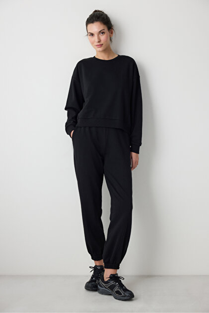 shii　flare art pique sweat (black) Art Erkek Sweatshirt Siyah | LUFIAN